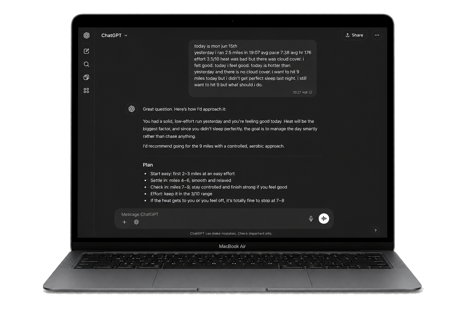 Running coach prompt shown on a laptop screen